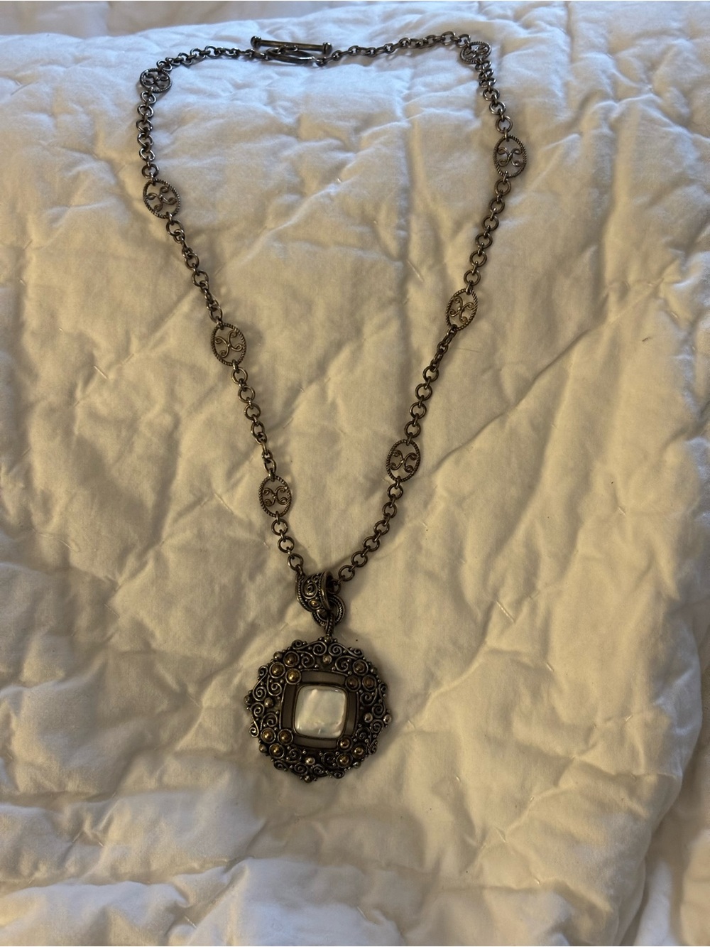 Vintage Bali BA Suarti Silver Filigree Pendant Necklace Mother-of-Pearl Center